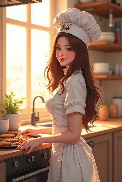 beautiful woman, Light brown hair, light brown eyes, stop, dressed as a white pastry chef, long, thick brown hair, Chef&#39;s hat with a peacock charm,  interior, Soft lighting, in a kitchen with modern finishes, window with sunlight, cozy atmosphere, rela...