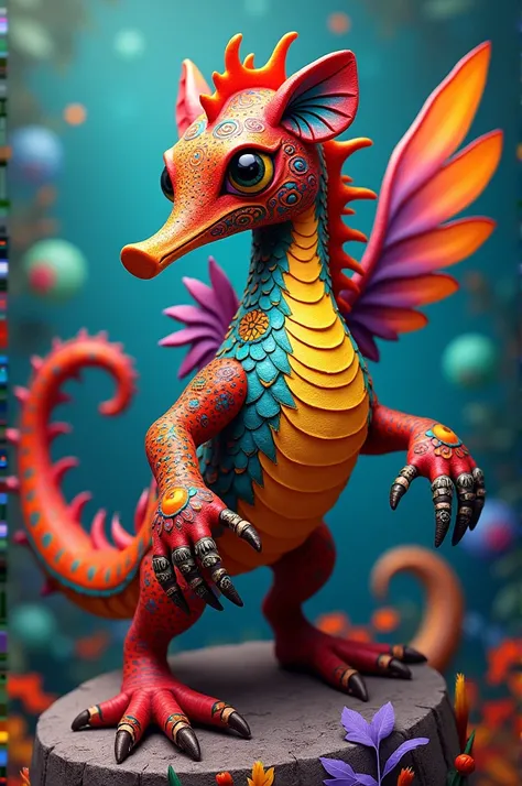 Make an alebrije with a sea horse, a hummingbird, a dragon and a bear