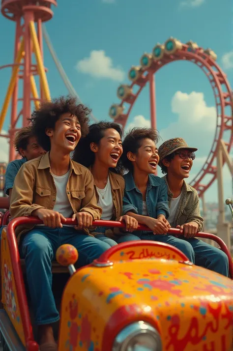 create 5 friends destroyed by the adversities of life pretending happiness on a roller coaster