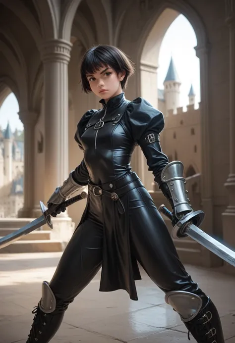 A young human woman with short black hair wearing tight leather with a breast plate and metal boots and gauntlers wielding a longsword in a castle while an infiltrated demon reaches from behind for her head