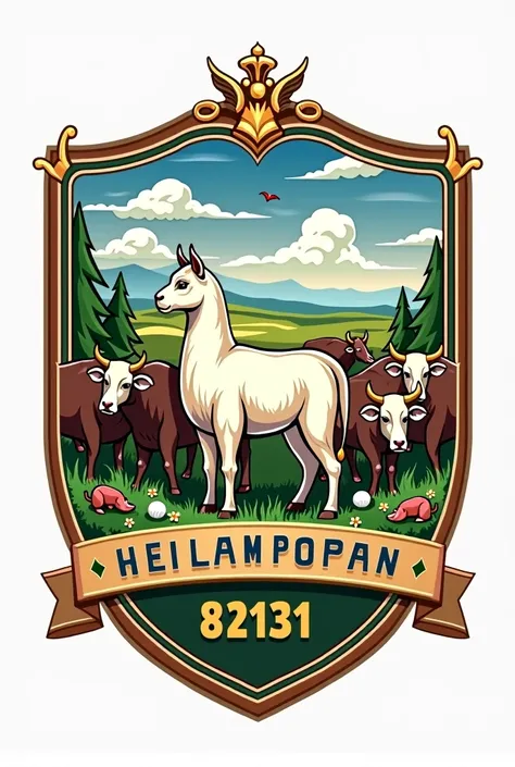 Make a shield or insignia for a school where you can see the number 821351 centered on Llamapampa where you can see the cattle and a llama in the center well defined, agriculture, the breeding of guinea pigs and the production of milk and well-defined chee...