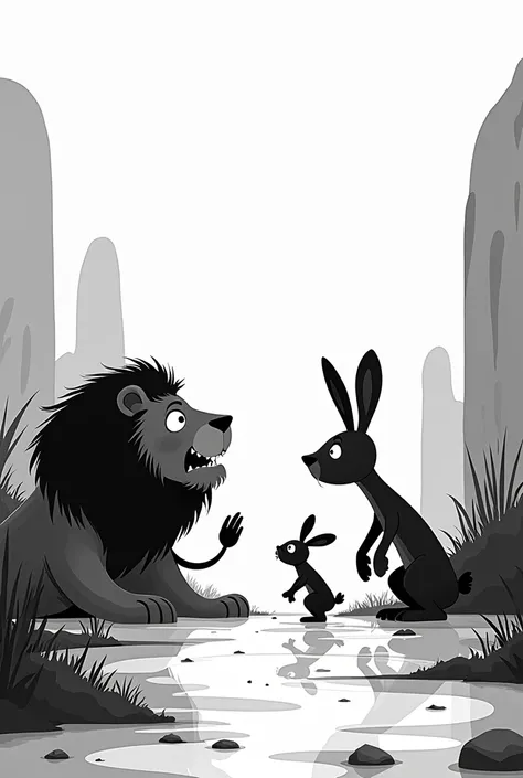 Foolish lion and clever rabbit picture story in black and white