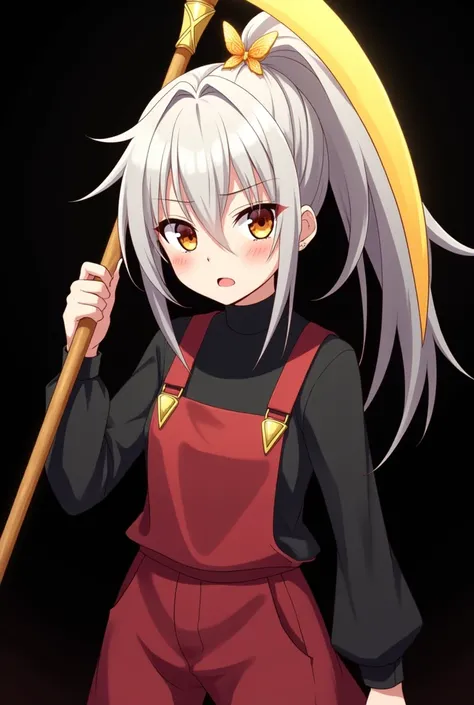 Generate image of a CLOSED eyes anime girl with WHITE SKIN AND HAIR. her hair is tied in a high ponytail with a golden transparent butterfly tying it. Her face is freckled.
She is wearing a black turtleneck and red overalls with gold accents.
Her expressio...