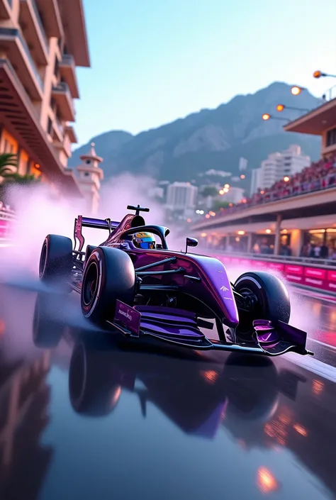 Modena 291,F1,Drive in Monaco,Purple shiny machine,Bokeh,white smoke,inflammation,