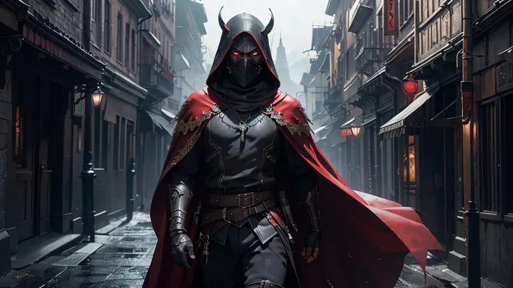 (Unity CG 8k ultra-detailed wallpaper, work of art, best qualityer, Depth of field, HDR, intrikate), tall and sinister dark assassin wearing a metal mask with glowing red eyes in dark and light armor with a discreet red cape behind with guitar in his arms ...