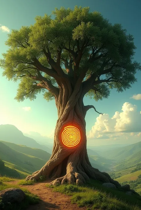 Tree of life with bright spiral sun carved into its trunk 