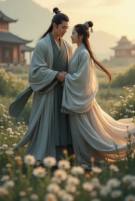 A picture of a young woman and a handsome young man in a gray robe and a long, loose robe looking at a farmland. A 2 Chinese woman in gray robes from the ancient Tang Dynasty stands with a young monk in white robes in disbelief.. Developing, building, repa...