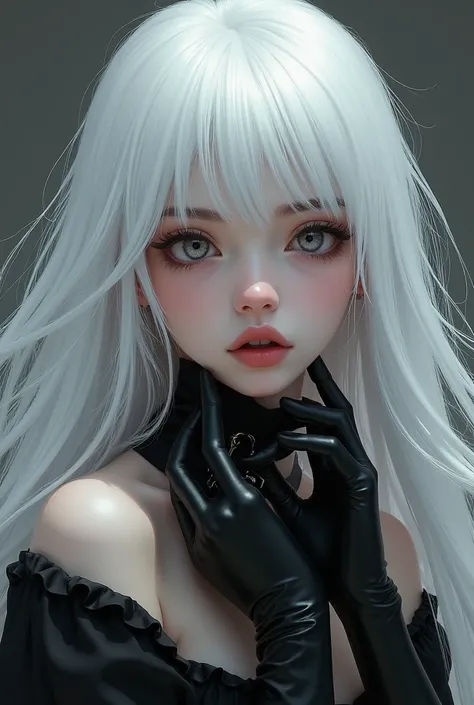 White Haired Girl,With bangs, Black gloves, Gothic,4K, masterpiece, Perfect body, Dry,Perfect Eyes, Perfect Shading, Perfect lighting, Highest quality, Artwork, Super detailed, Detailed clothing