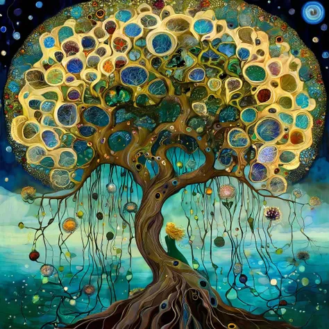 oil and acrylic painting In the Style of Andy Kehoe and Tracy Grimwood, Catrin Welz-Stein, Klimt.. yggdrasill tree, large roots like blown glass tubes sinking into the ground, stained glass branches rising high into the sky, naked woman with dark blond hai...