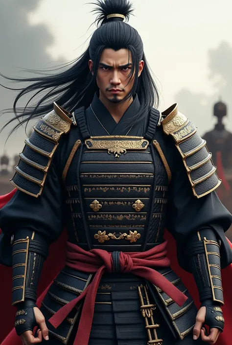 Male samurai of the Sengoku period、Long black hair、Her long hair is down to her waist、Wearing armor、Standing facing forward