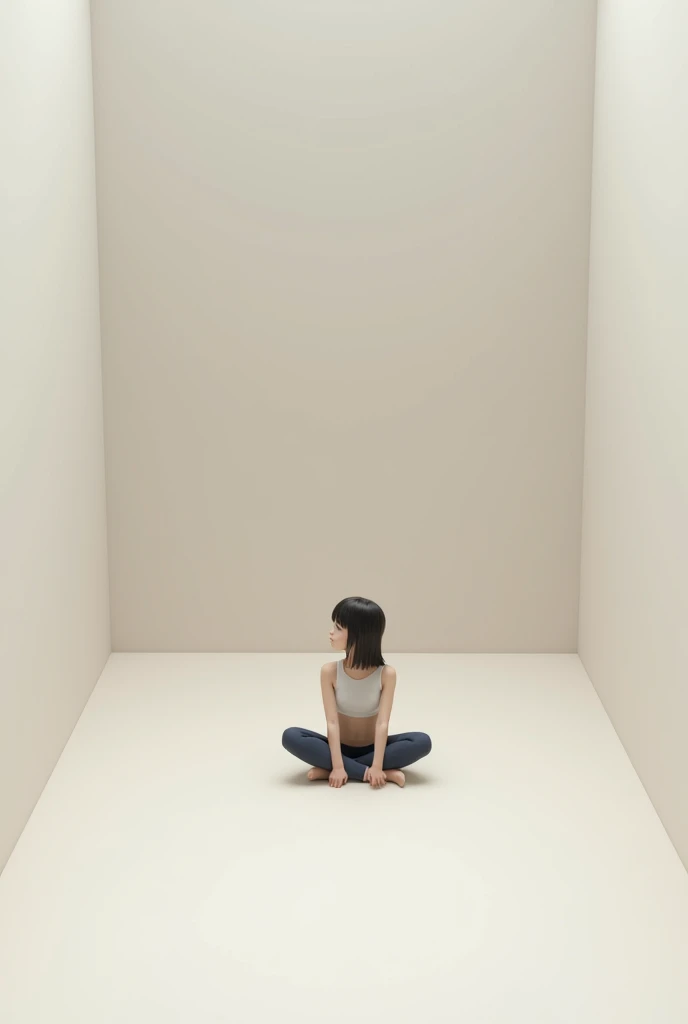 Square 3D study room (plain background) with a girl seating on the floor looking above
