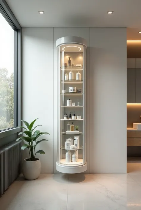 Rotating storage system that raises and lowers a kind of rotating display case vertically, coming out from the wall optimizing the space to store cleaning products 