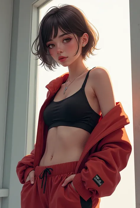 cmodel, digital illustration, (masterpiece:1.2), high quality, detailed eyes, extremely beautiful young female, short hair, streetwear, thicc, (abs:1.2), (bloom:1.2)