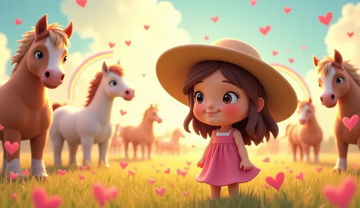 1girl, cute cartoon kid, wide-brimmed hat, field of male horses, hearts, rainbows, extremely detailed horse, extremely detailed hat, extremely detailed hearts, (best quality,4k,8k,highres,masterpiece:1.2),ultra-detailed,(realistic,photorealistic,photo-real...