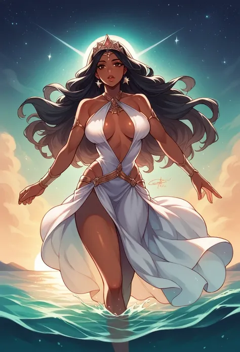 Beautiful dark skinned woman, coming out of the water with her beautiful long white shiny dress, coming out of the water on a moonlit night, with the starry sky, beautiful super long black hair, with a tiara and on top of the tiara there is a silver star, ...