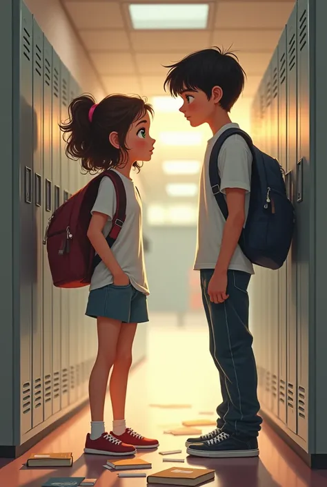 Draw a scene in a school hallway with Bia and Gabriel, both teenagers from . Bia is always thin, with brown curly hair, skin fair, and a shy expression. She is dressed in simple casual clothes. Gabriel is the most handsome boy in school, with straight blac...