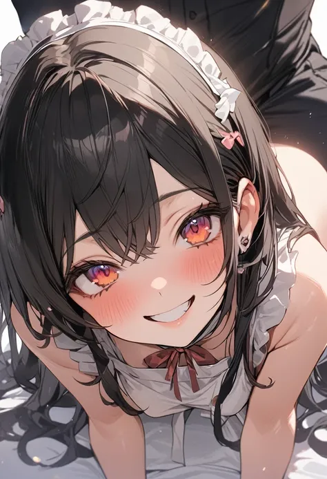 ((best quality)), ((masterpiece)), (detailed), (1girl 1men), sexly, height１５３A cute high school girl with long, straight black hair, Naked Apron, Looking up, Smile and blush