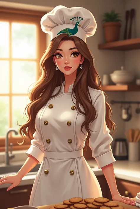 beautiful woman, Light brown hair, light brown eyes, stop, dressed as a white pastry chef, long, thick brown hair, Chef&#39;s hat with a peacock charm,  interior, Soft lighting, in a kitchen with modern finishes, window with sunlight, cozy atmosphere, rela...