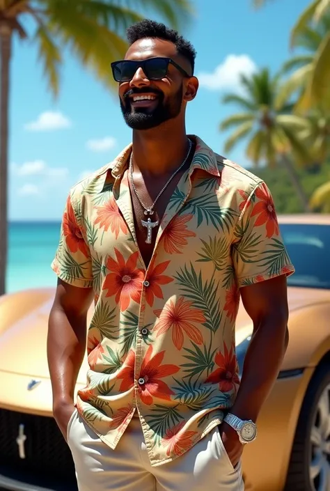 A rich man with sexy body very happy and light brown super car. In a beach hawai shirt. 6 foot tall sri lankan. With a nice silver small batman chain and diamond watch 