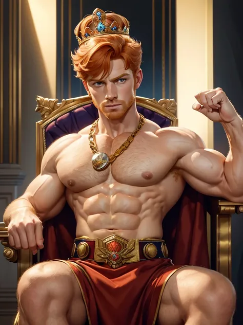 (british prince,male,ginger hair,muscular pectorals,biceps,on throne,wearing state imperial crown,flexing bicep),oil painting,realistic,highres,portrait,vivid colors,warm tones,soft lighting