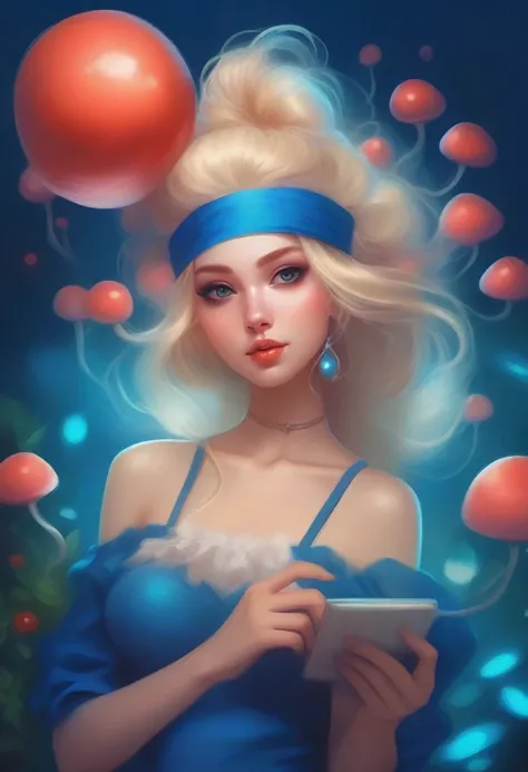 a beautiful 20 year old blonde woman with big messy hair in a blue dress, white stockings, black headband, cleavage, holding a glowing mushroom, fantasy art style, rossdraws cartoon vibrant, alice x. zhang, alice in wonderland cyberpunk, cute detailed digi...