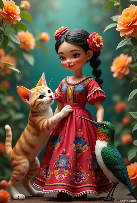 Mexican doll with a cat and a hummingbird