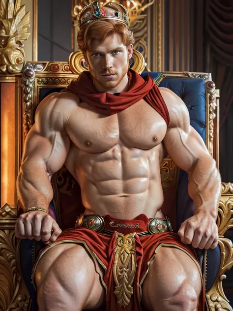 (british prince,male,ginger hair,muscular pectorals,biceps,on throne,wearing state imperial crown,flexing bicep),oil painting,realistic,highres,portrait,vivid colors,warm tones,soft lighting