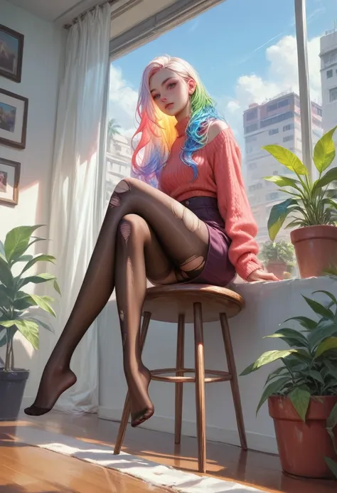 score_9, score_8_up, score_7_up, score_6_up, source_anime, masterpiece, newest, Highly detailed, 1girl, slender, innocent, sitting, arms at sides, long hair, opaque pantyhose, no shoes, colorful hair, multicolored hair, casual clothes, realistic, long legs...