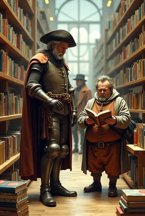 Don Quixote is standing in front of a modern bookstore, admiringly looking at a shelf full of current editions of "Don Quixote de la Mancha." Sancho Panza, at his side, is holding a book in his hand and looking through it curiously. Around him, there are m...