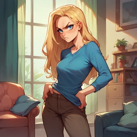 a long blonde hair, blue eye female in her early 20s is standing in a living room, she looks angry at you. she has regular clothes on