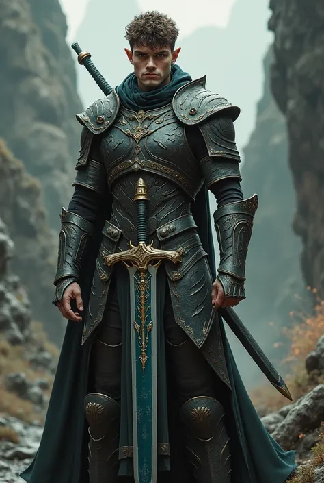 elf man, with armor, short curly hair, brown eyes and holding demon sword in his hands