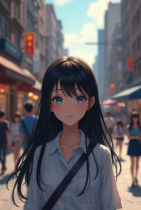 A beautiful highschool girl with long black hair and blue eyes moving on the street going back home 