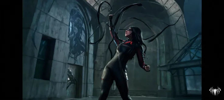 Ms marvel fighting to remove the black liquid latex symbiote , female body , black hair , long hair, 1 girl, symbiote tendrils, Spider-Man 3, realistic styling, slim body shape , sexy Female body woman sexy, bell tower background, symbiote ms marvel , blac...