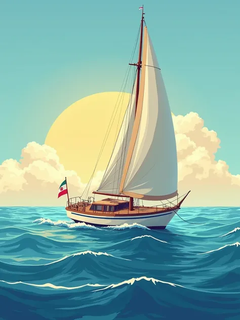 graphic design artwork for t-shirt, flat design of a retro, sailboat, high seas, sky blue tones, highly detailed and clean, vector image, photorealistic masterpiece, professional photography, realistic speedboat, simple sunrise backdrop for isometric speed...