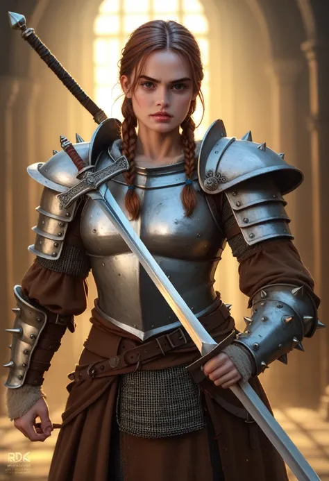 girl with wild hair,barbarian warrior,medieval fantasy,detailed armor,spiked shoulder pads,fierce expression,holding a large sword,muscular build,leather and metal armor,dramatic lighting,dramatic poses,digital painting,cinematic,vibrant colors,highly deta...