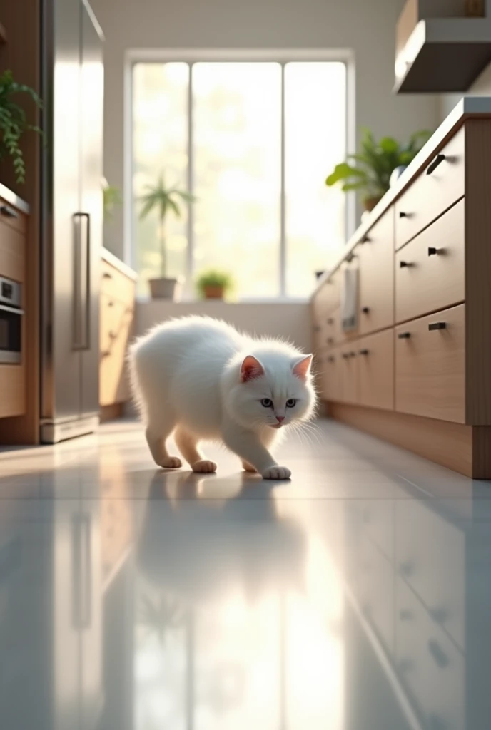 The white kitty exploring a modern kitchen, sniffing around shelves and counters.