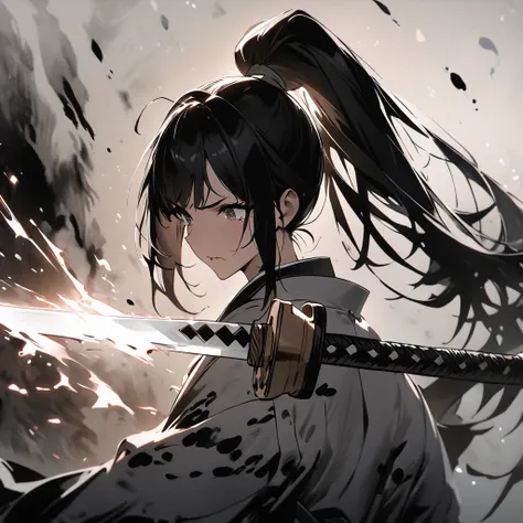 Best quality, masterpiece, high resolution, ink painting, female samurai, black hair, ponytail, holding a sword, screen-cutting effect, screen-crackling effect,Tear the screen