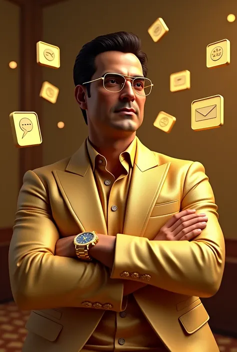 Golden man akshay kumar fase gold watch six apps body in sute