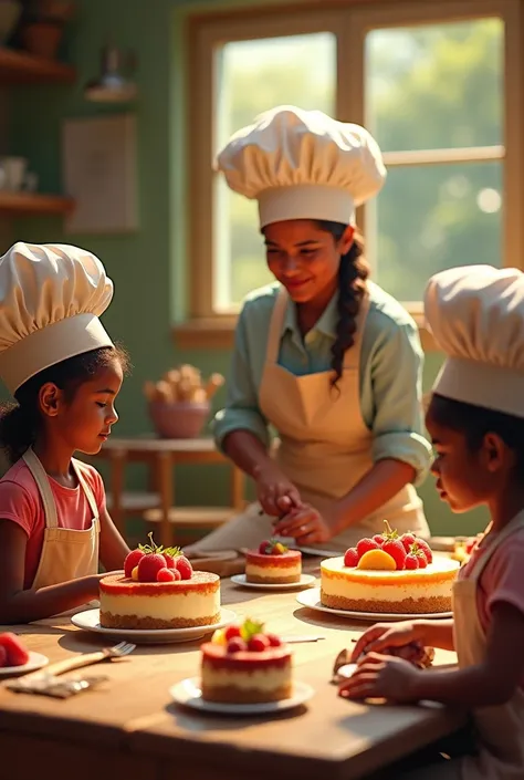 un atelier de cheesecake aux fruits avec des enfants des hautes terres de MAdagascar portant tous des toques accompagnés dune patissiière dans une salle ou lon trouve des petites tables et des petites chaises