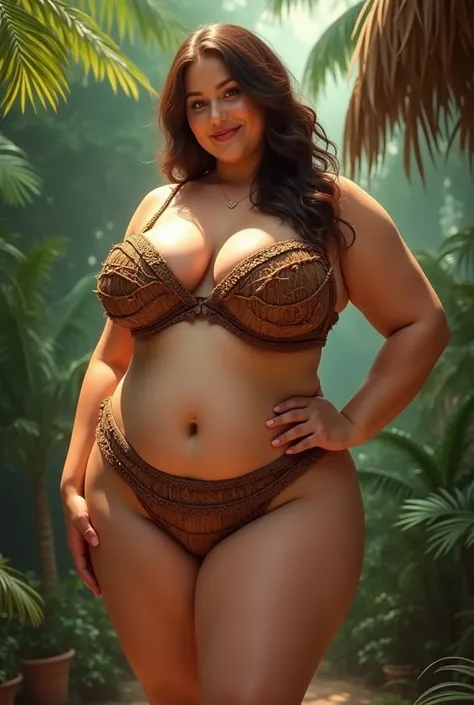 Busty woman with big breasts, wearing a bra made of coconuts