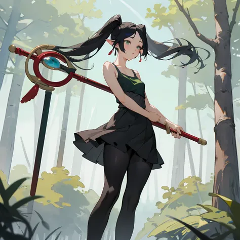 masterpiece, Highest quality, Absurd, Perfect Anatomy, Freeze Base, Twin tails,A low-cut camisole and a miniskirt, Black Pantyhose, staff, holding staff, Outdoor, forest, black hair