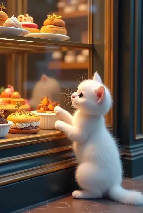 The white kitty peeking through a large shop window, eyes wide at the sight of tasty food displayed inside.