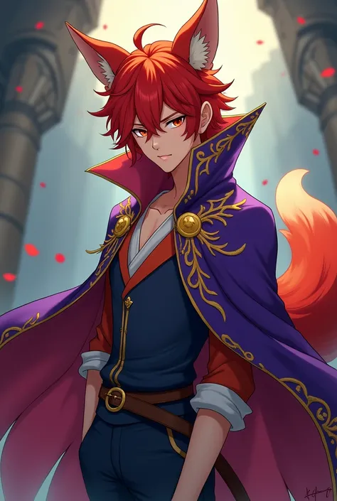 A red-haired man with fox ears and a tail in a purple cape with gold embroidery in anime style