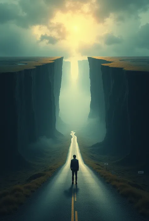 A forked road stretches into the horizon. On one side, the path is well-paved, wide, and brightly lit, but in the distance, it ends abruptly with a large cliff labeled “Comfort Zone.” On the other side, the path is narrow, rocky, and dark, with storm cloud...