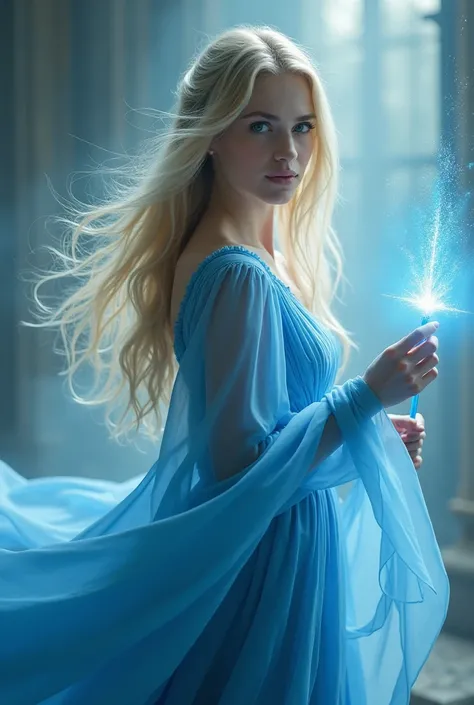 beautiful woman with straight hair, blue dress, white eyes, blonde hair color, white skintone, holding blue crystal magic wand