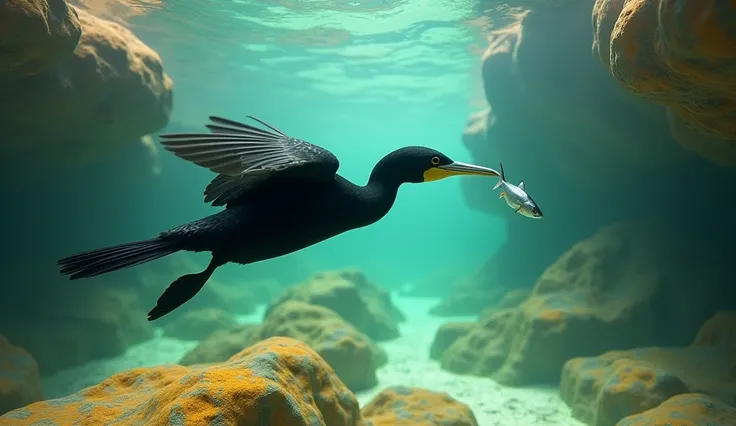 Wide-angle underwater vision, high shutter speed and optical sensitivity, priority for action, freeze frame effect, rendered texture, smooth gradient, pastel tones, hyper-realistic sharpness<A Neotropic Cormorant (Nannopterum brasilianum) with completely b...