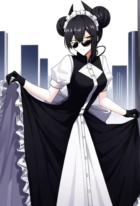 agent (girls frontline), gloves, long skirt, 1girl, Solo, AgentNormal,double bun,maid,sangvis ferri,yellow eyes, black hair, sunglasses, city, 