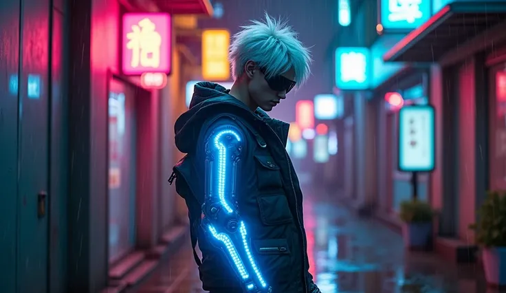 "Create a futuristic goku assassin with short, white hair, standing in a neon-lit alleyway. The m goku should have a sleek, cybernetic arm glowing with blue energy, and a visor covering their eyes. The background should feature a narrow, rain-soaked alley ...