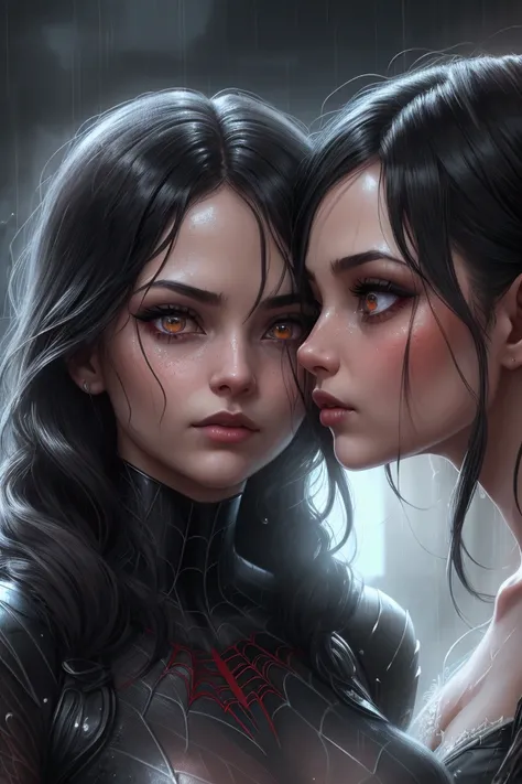 2girls, spiderwoman and silk, spiderwoman kissing silks forehead, rainy night, beautiful detailed eyes, beautiful detailed lips, extremely detailed eyes and face, long eyelashes, photorealistic, 8k, high quality, realistic lighting, dramatic lighting, dark...