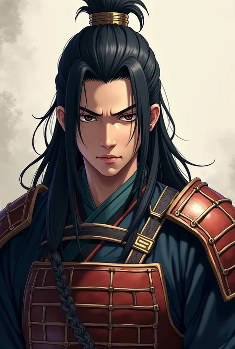 All of my hair is parted in the middle and down、Male samurai of the Sengoku period、Waist-length black hair、All of her hair is parted in the middle and down.、Wearing armor、Standing facing forward、Be mindful of your hairstyle、Untie the rubber band